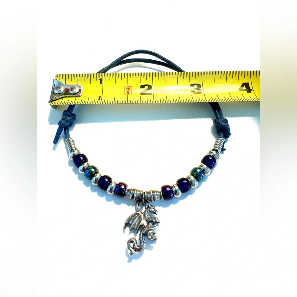 Mystical Dragon Silver Tone Charm Bracelet Adjustable Cord with Iridescent Beads